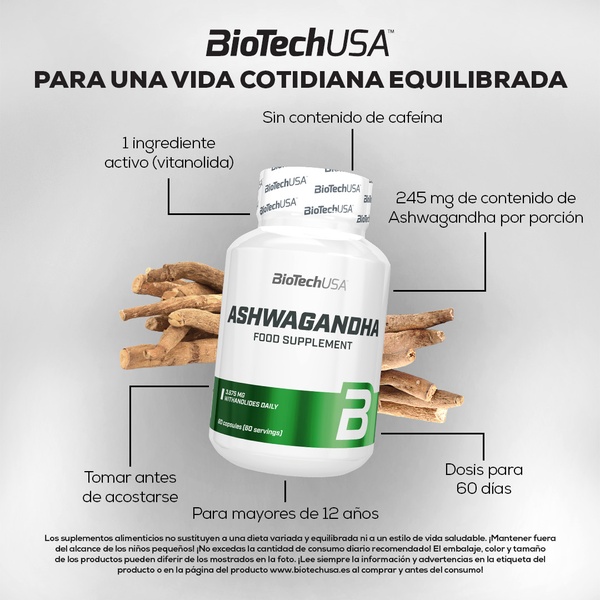 A clean, studio-lit 1:1 square ad for an Ashwagandha supplement that uses leader lines to highlight key ingredients, dosage, and usage benefits.